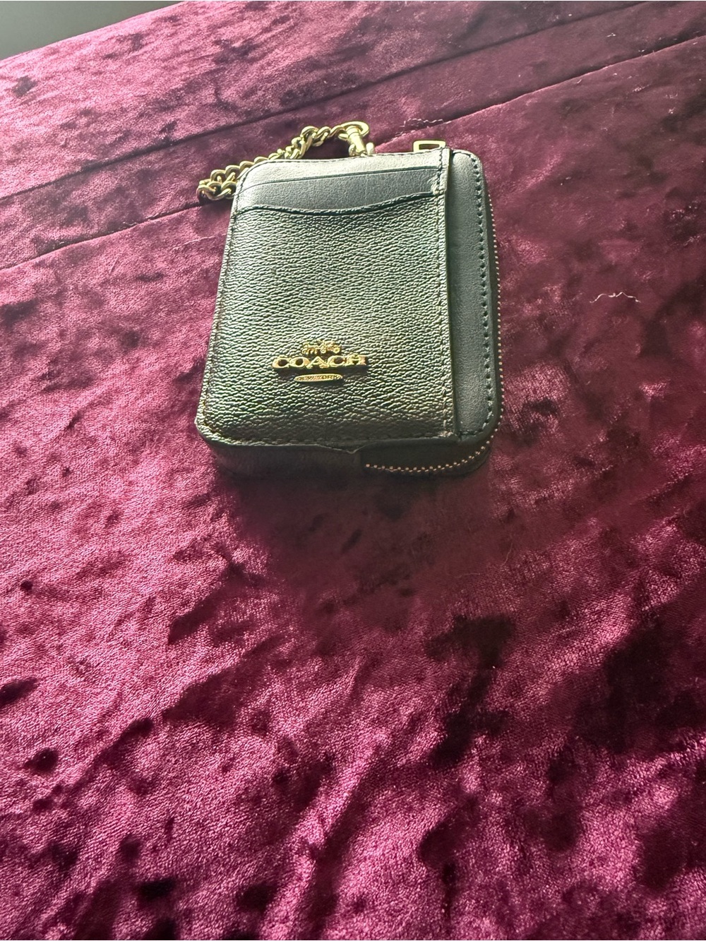 Coach Black Leather Zip Card Case with Gold Chain
